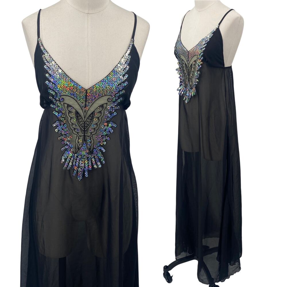 Vintage Black Sheer Chemise with Iridescent Sequin Butterfly